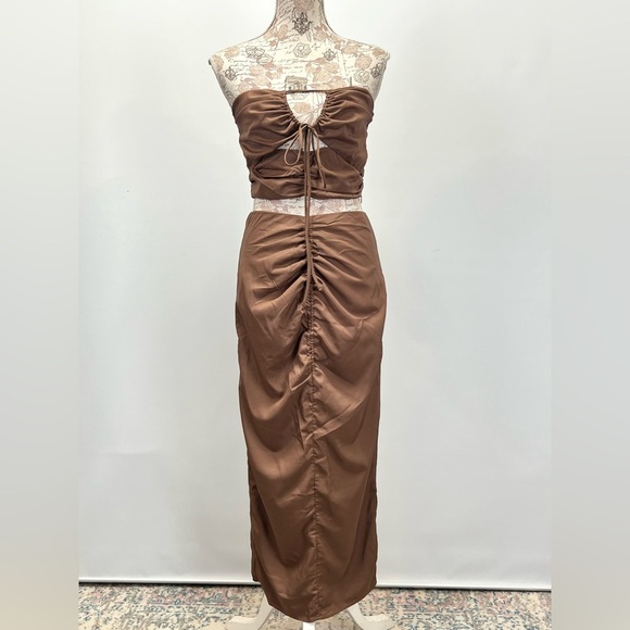 PRINCESS POLLY Brown strapless ruched cutout top and maxi skirt size 6. - Picture 7 of 14